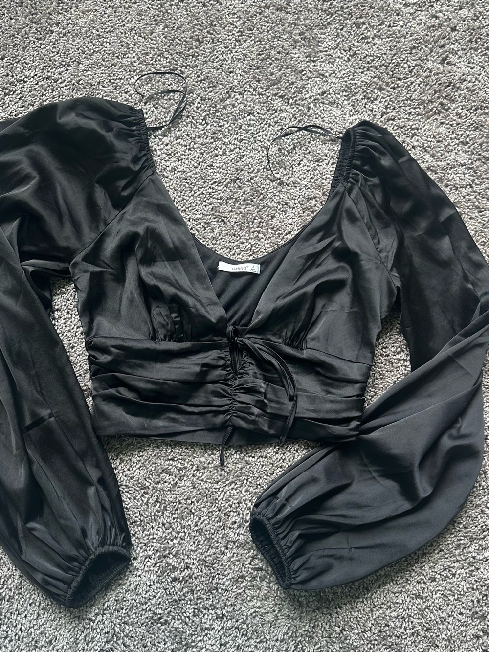 Timing Black Satin Ruched Tie-Front Crop Blouse